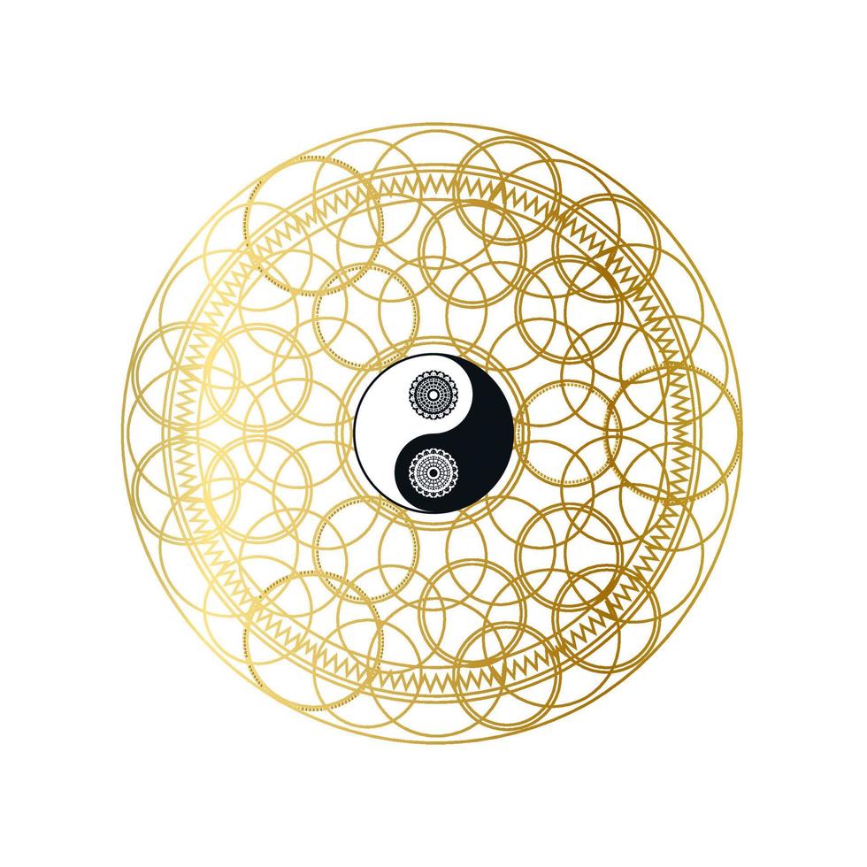 Shiny Golden Mandala with Yin Yang Sign Isolated vector