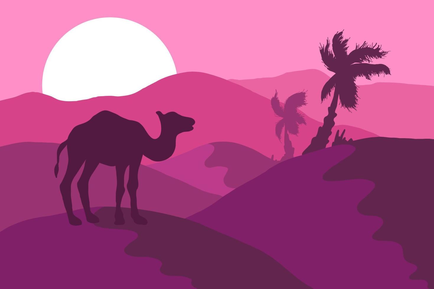 Desert landscape with camel silhouette flat illustration vector