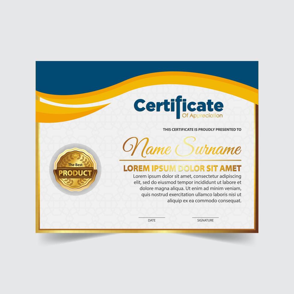 Award template certificate, gold color and gradient. Contains a modern certificate with a gold badge vector
