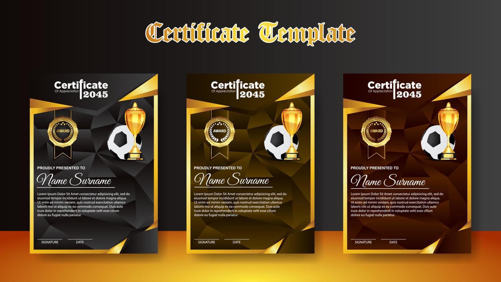 Soccer Game Certificate Diploma With Golden Cup Set Vector. Football. Sport Award Template. Achievement Design vector