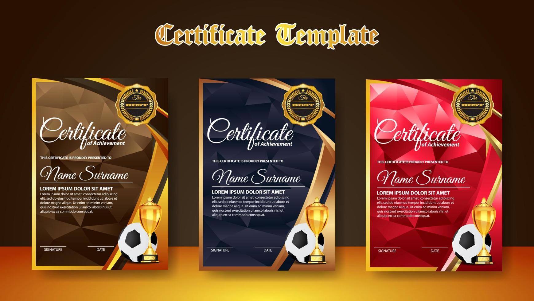 Soccer Game Certificate Diploma With Golden Cup Set Vector. Football. Sport Award Template. Achievement Design vector