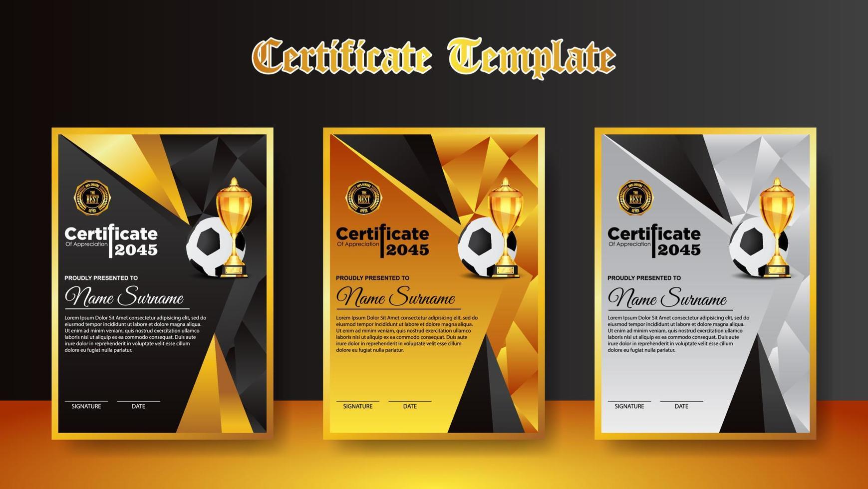 Soccer Game Certificate Diploma With Golden Cup Set Vector. Football. Sport Award Template. Achievement Design vector