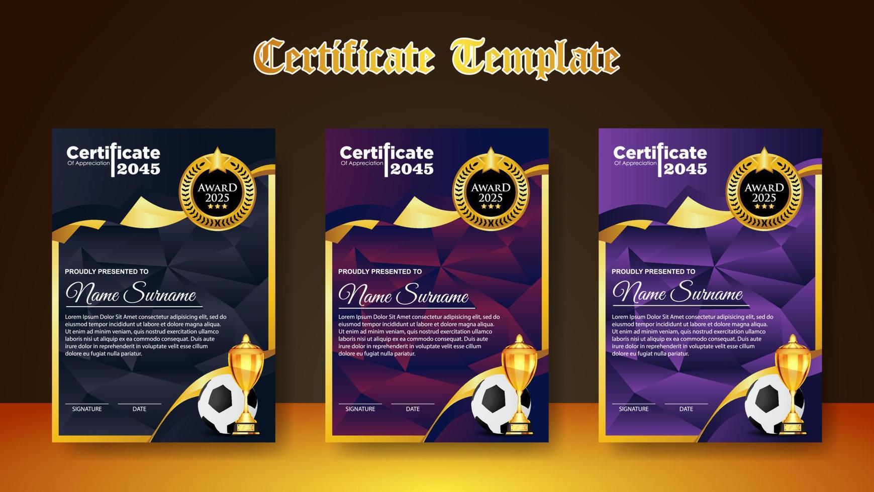 Soccer Game Certificate Diploma With Golden Cup Set Vector. Football. Sport Award Template. Achievement Design vector