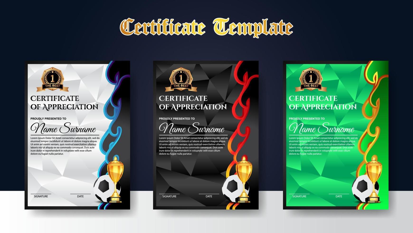 Soccer Game Certificate Diploma With Golden Cup Set Vector. Football. Sport Award Template. Achievement Design vector