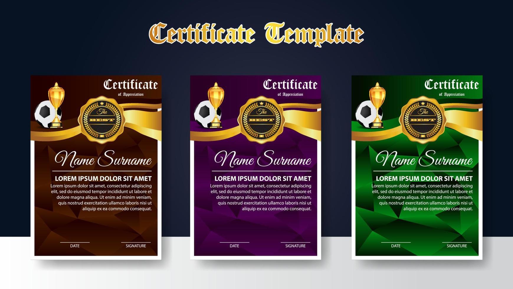 Soccer Game Certificate Diploma With Golden Cup Set Vector. Football. Sport Award Template. Achievement Design vector