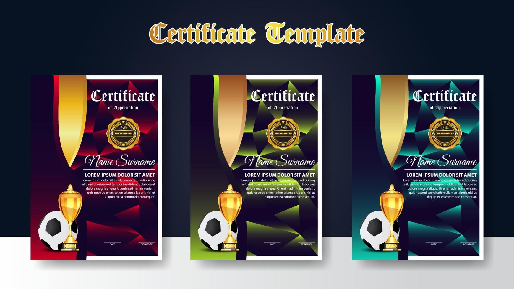 Soccer Game Certificate Diploma With Golden Cup Set Vector. Football. Sport Award Template. Achievement Design vector