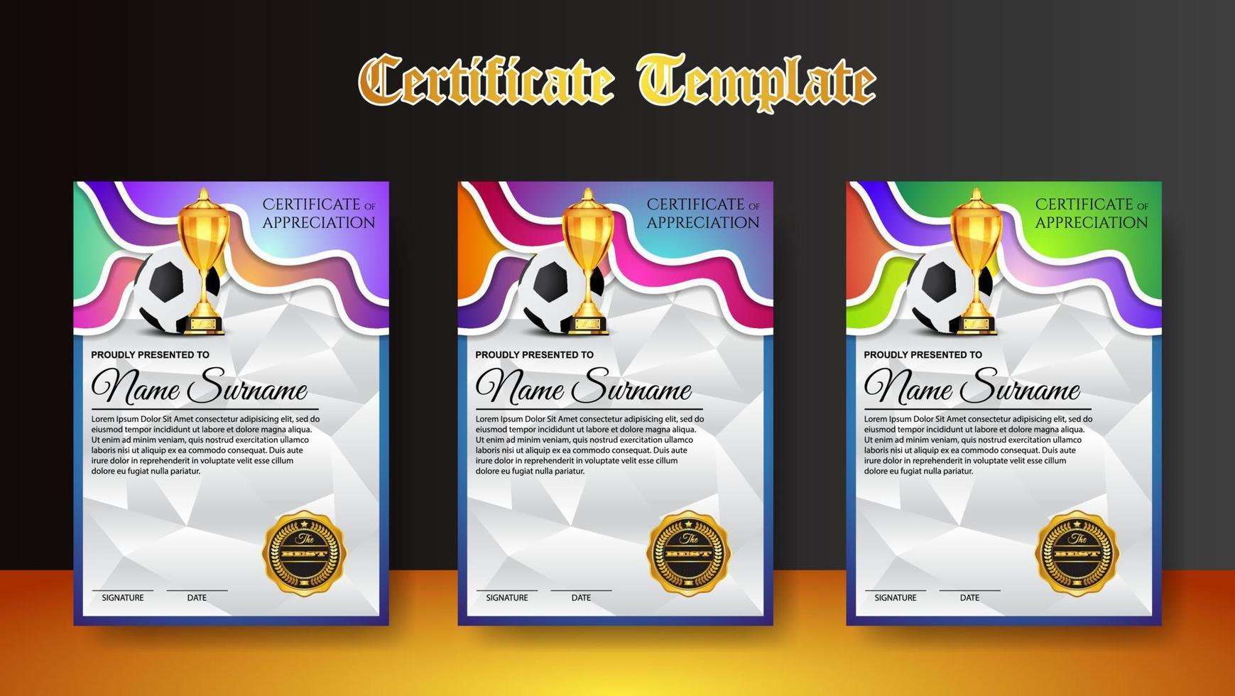 Soccer Game Certificate Diploma With Golden Cup Set Vector. Football. Sport Award Template. Achievement Design vector