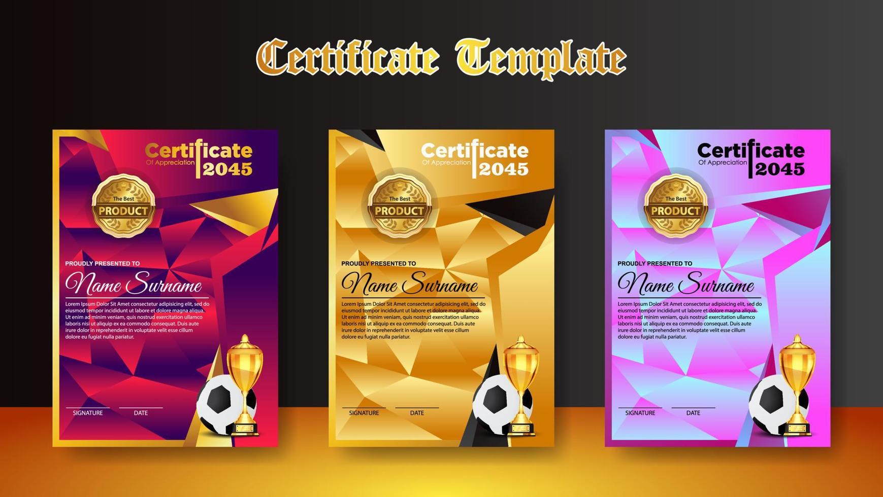 diploma de certificado de juego de fútbol con vector de juego de copa de oro. fútbol. plantilla de premio deportivo. diseño de logros