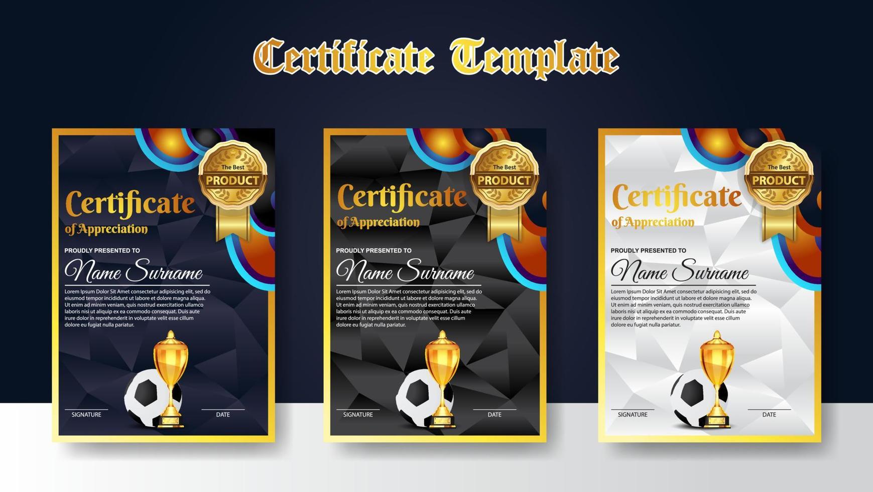 Soccer Game Certificate Diploma With Golden Cup Set Vector. Football. Sport Award Template. Achievement Design vector