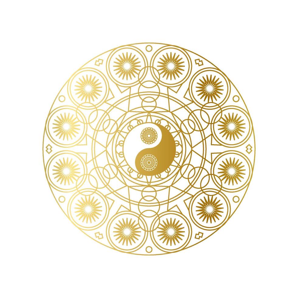 Shiny Golden Mandala with Yin Yang Sign Isolated vector