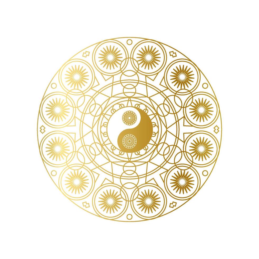 Shiny Golden Mandala with Yin Yang Sign Isolated vector