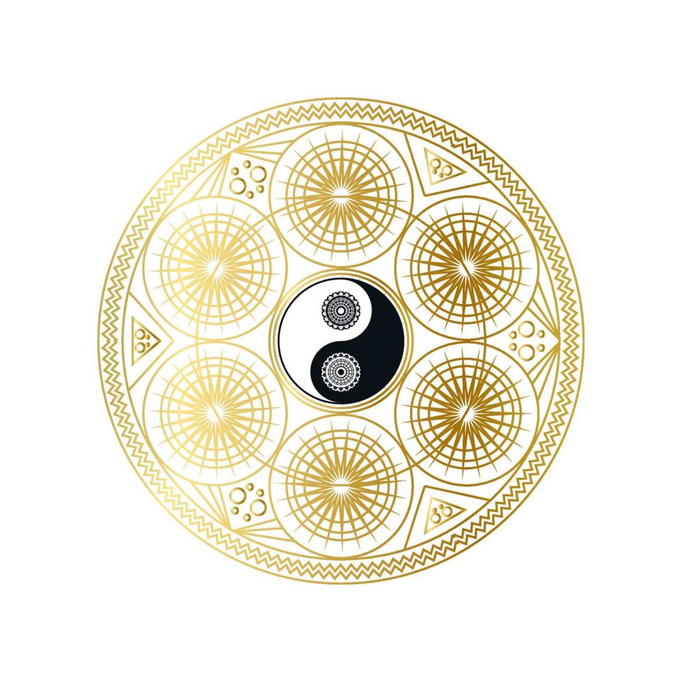 Shiny Golden Mandala with Yin Yang Sign Isolated vector