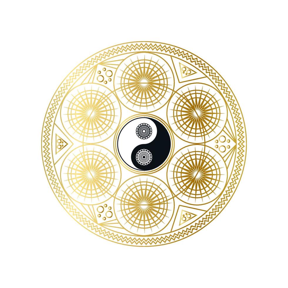 Shiny Golden Mandala with Yin Yang Sign Isolated vector