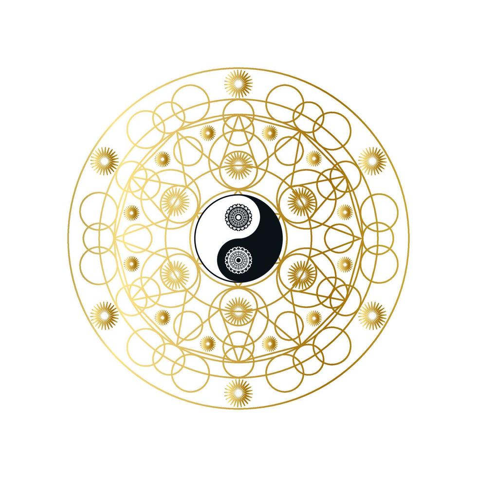 Shiny Golden Mandala with Yin Yang Sign Isolated vector