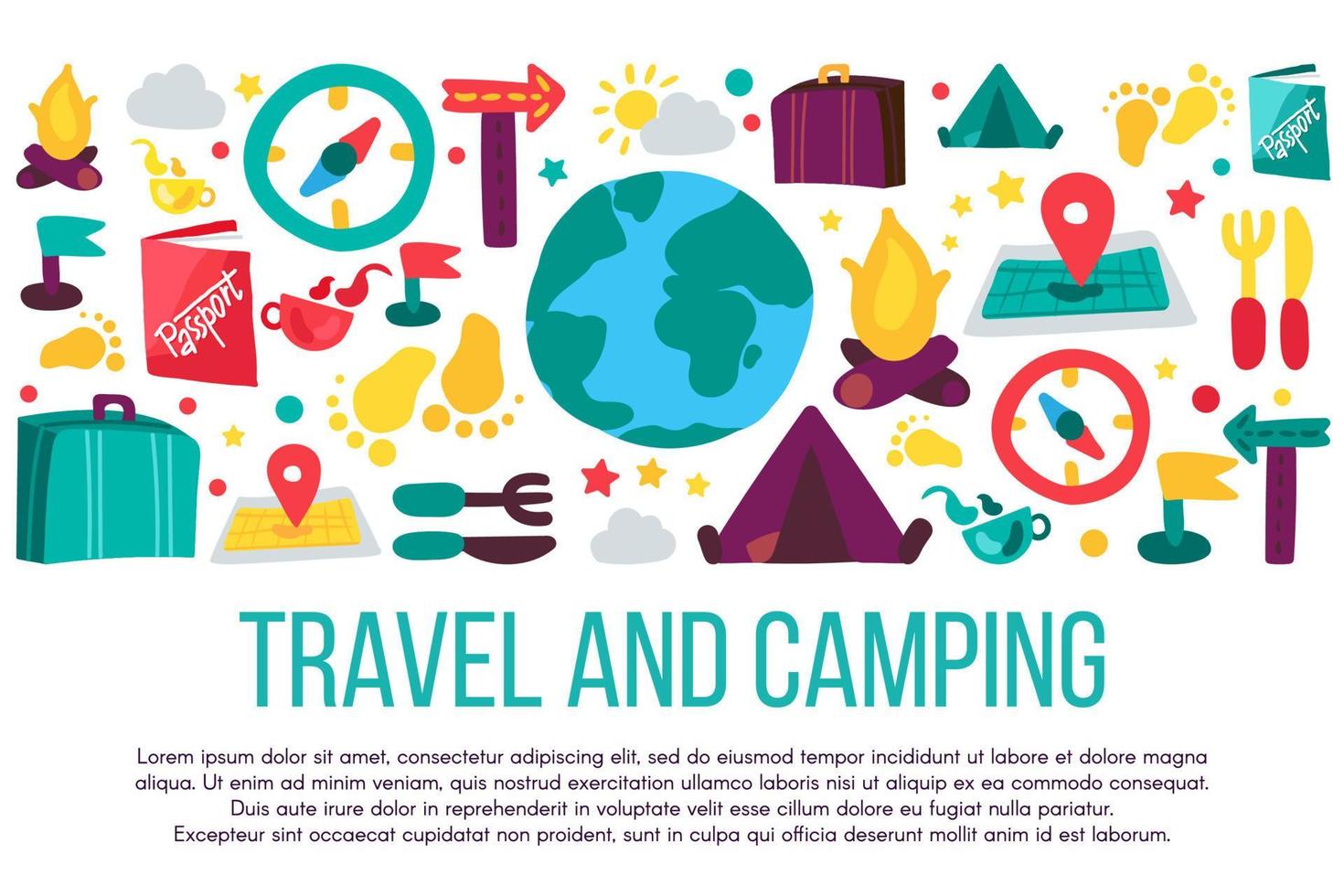 banner plano de viaje y camping con espacio de texto vector