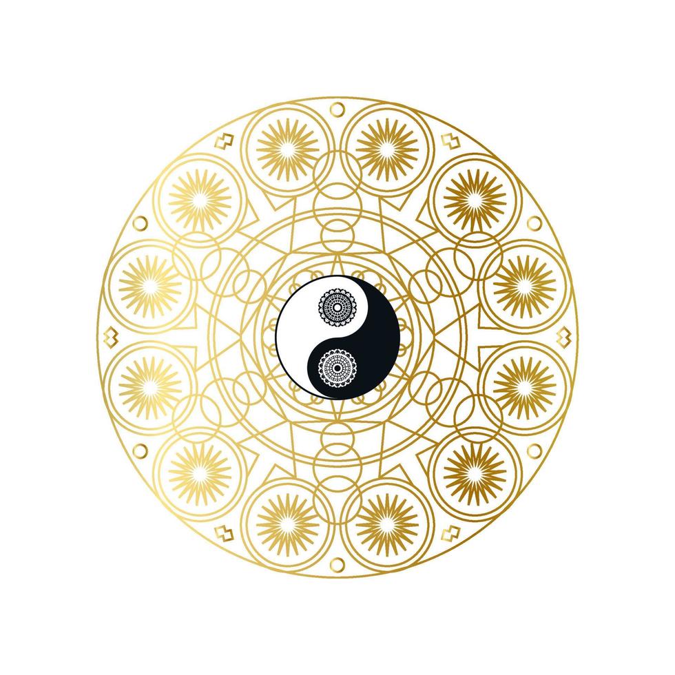 Shiny Golden Mandala with Yin Yang Sign Isolated vector
