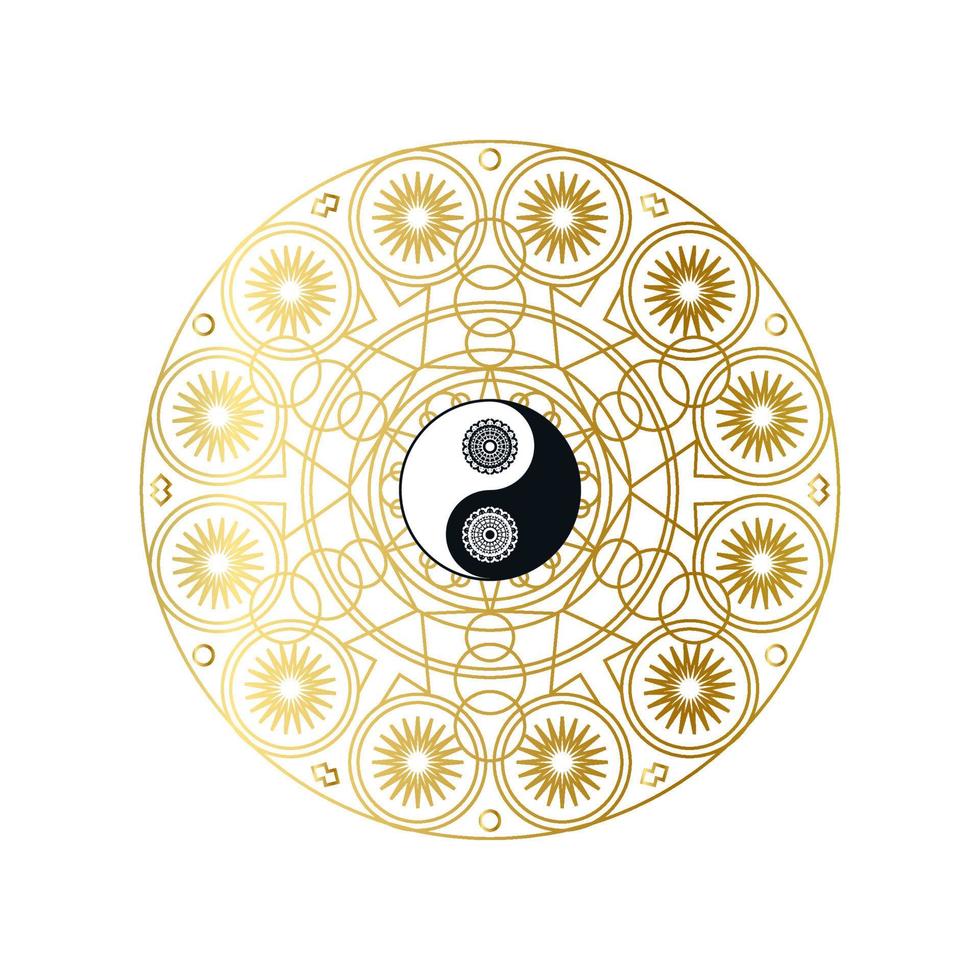 Shiny Golden Mandala with Yin Yang Sign Isolated vector