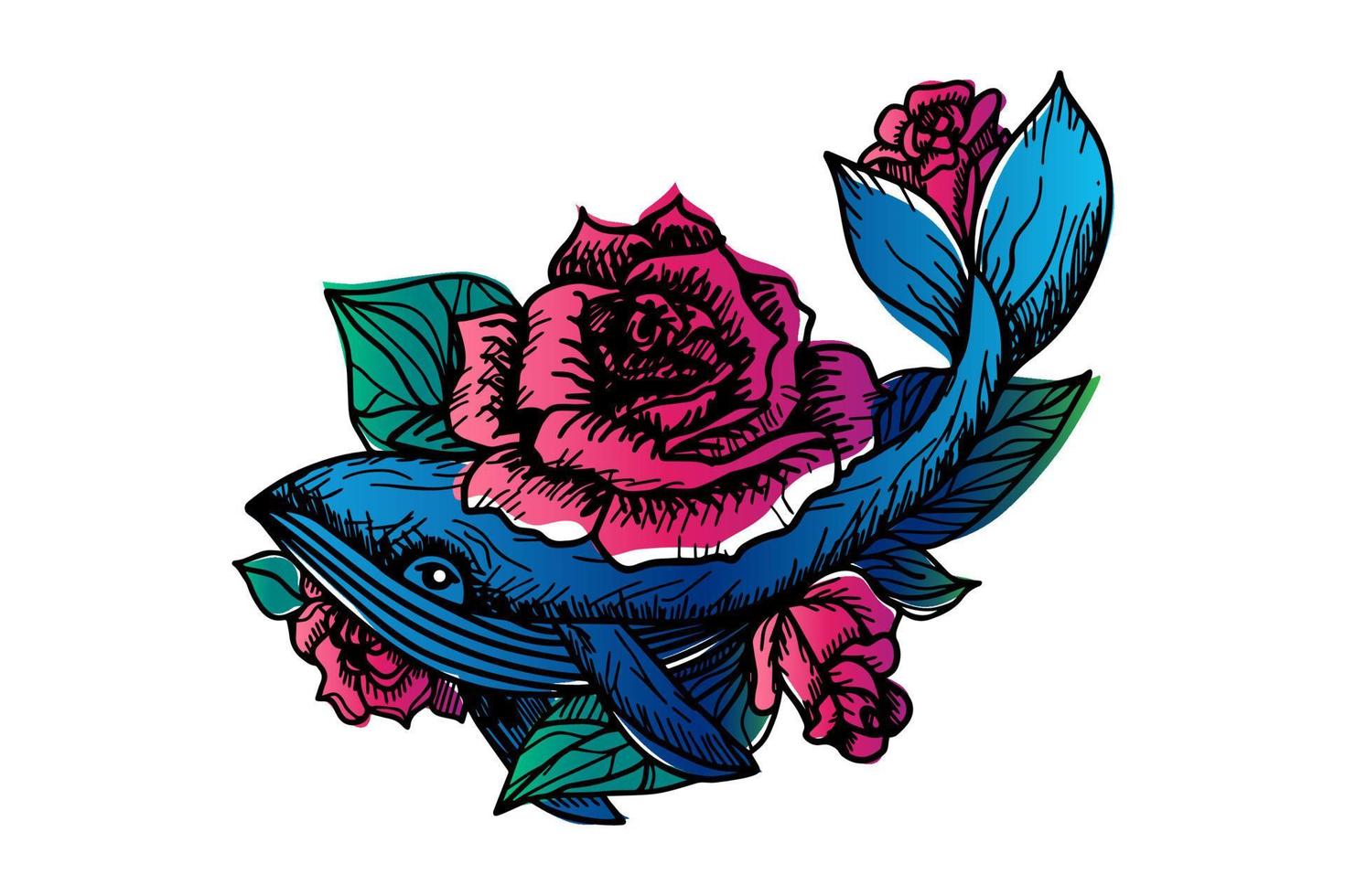 ballena y rosas rosadas dibujadas a mano ilustración vectorial vector