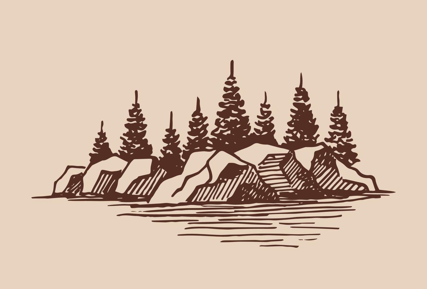 Sketch of wild nature with lake and forest. Hand drawn illustration converted to vector. vector