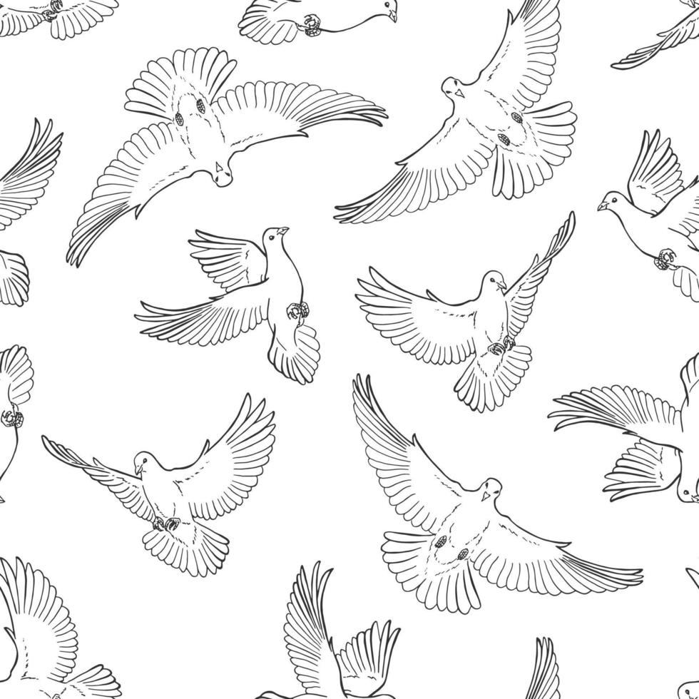 Seamless pattern with hand drawn dove outline. Line art style. vector