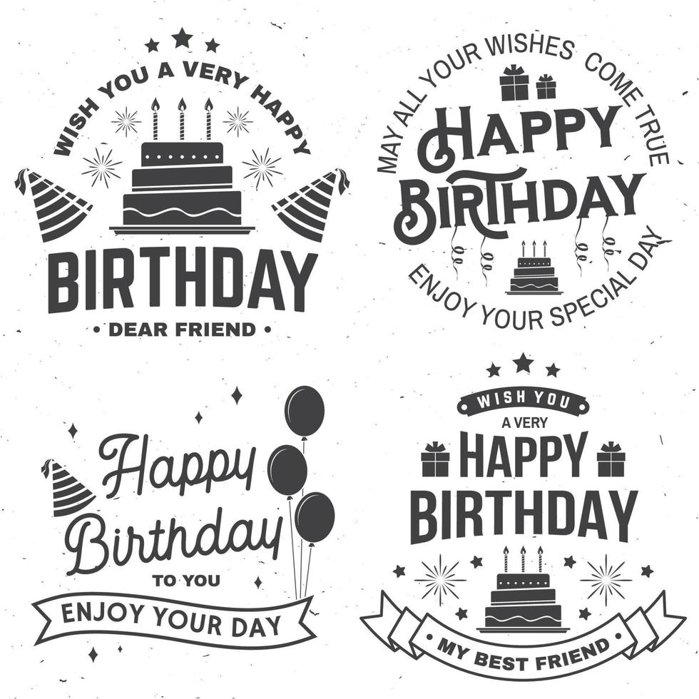 Set of Happy Birthday templates for badge, sticker, card with bunch of balloons, gifts, serpentine, hat and birthday cake with candles. Vector. Vintage design for birthday celebration vector