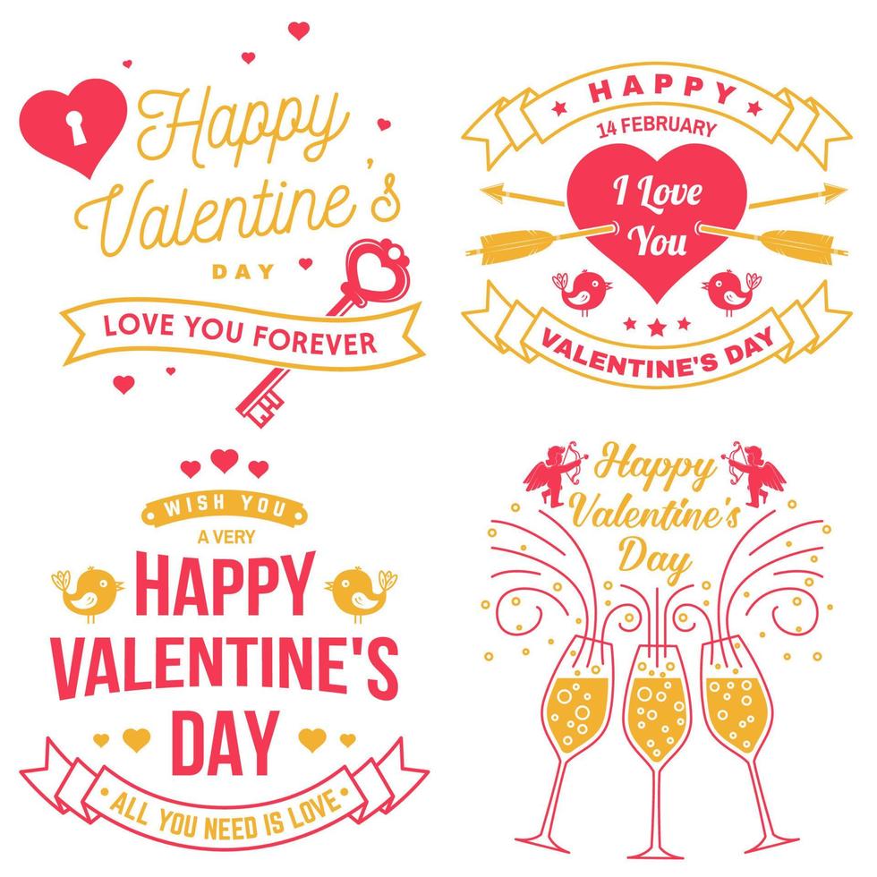 Set of Happy Valentines Day sign. Stamp, card with key, bird, amur, arrow, heart. Vector. Vintage typography design for invitations, Valentines Day romantic celebration emblem in retro style. vector