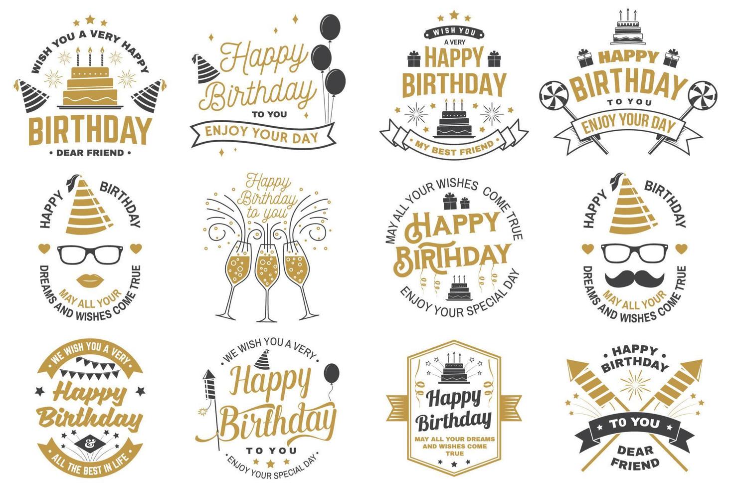 Set of Happy Birthday templates for overlay, badge, card with bunch of balloons, gifts, firework rockets and birthday cake with candles. Vector. Vintage design for birthday celebration vector