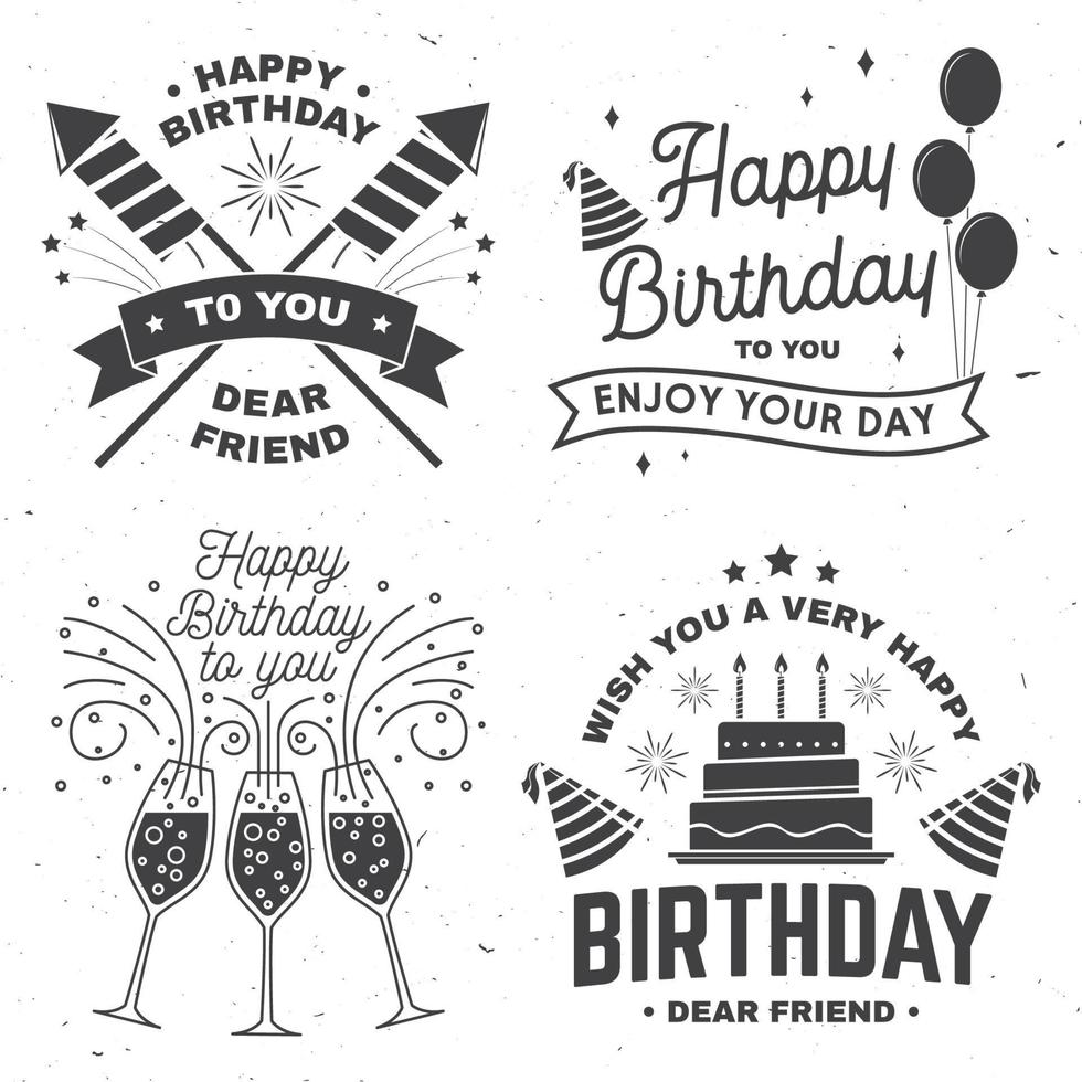 Set of Happy Birthday templates for overlay, badge, card with bunch of balloons, gifts, champagne glasses and birthday cake with candles. Vector. Vintage design for birthday celebration vector