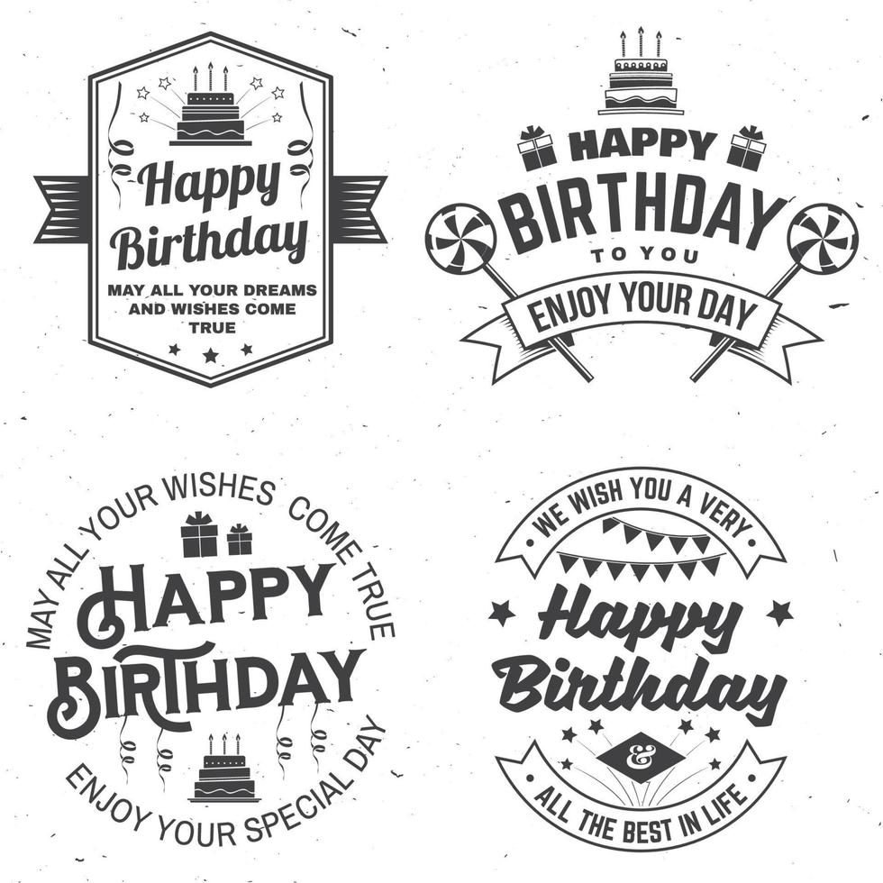 Set of Happy Birthday templates for overlay, badge, card with bunch of balloons, gifts, serpentine, hat and birthday cake with candles. Vector. Vintage design for birthday celebration vector