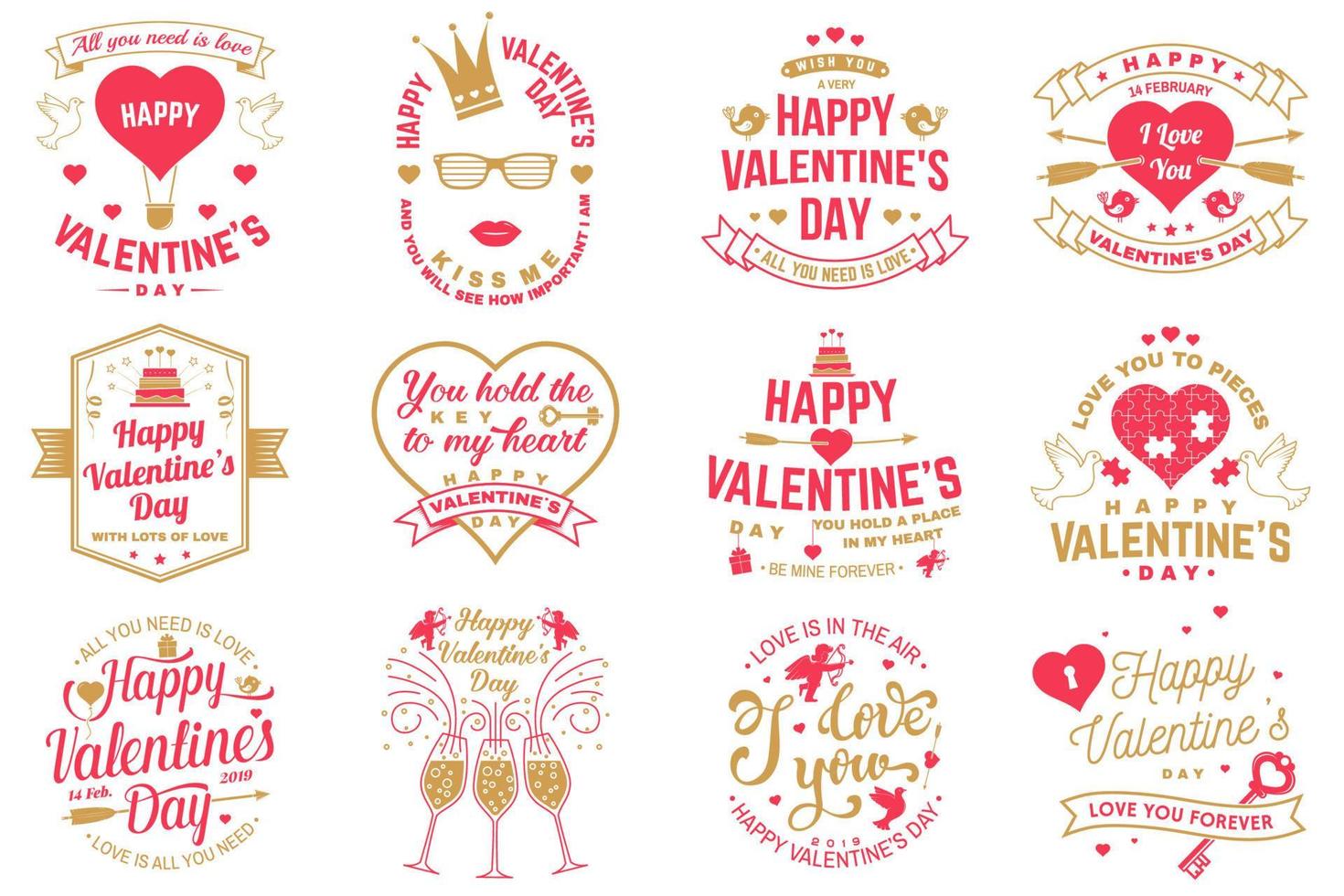 Set of Happy Valentines Day sign. Stamp, card with key, bird, amur, arrow, heart. Vector. Vintage typography design for invitations, Valentines Day romantic celebration emblem in retro style. vector