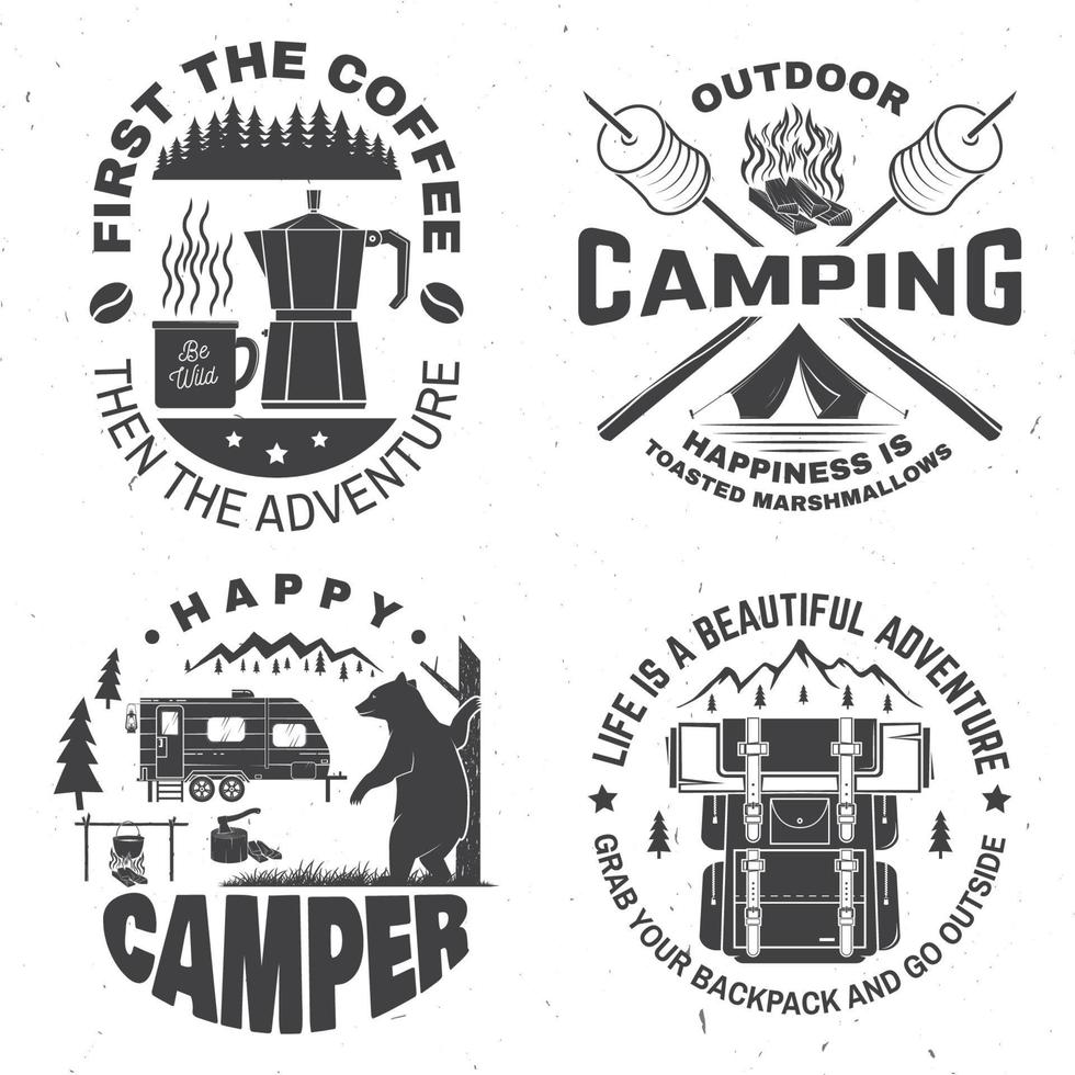 Happy camper. Vector. Concept for shirt or logo, print, stamp. Vintage design with lantern, camping tent, campfire, coffee maker, sweet marshmallows on stick, mountain and forest silhouette. vector