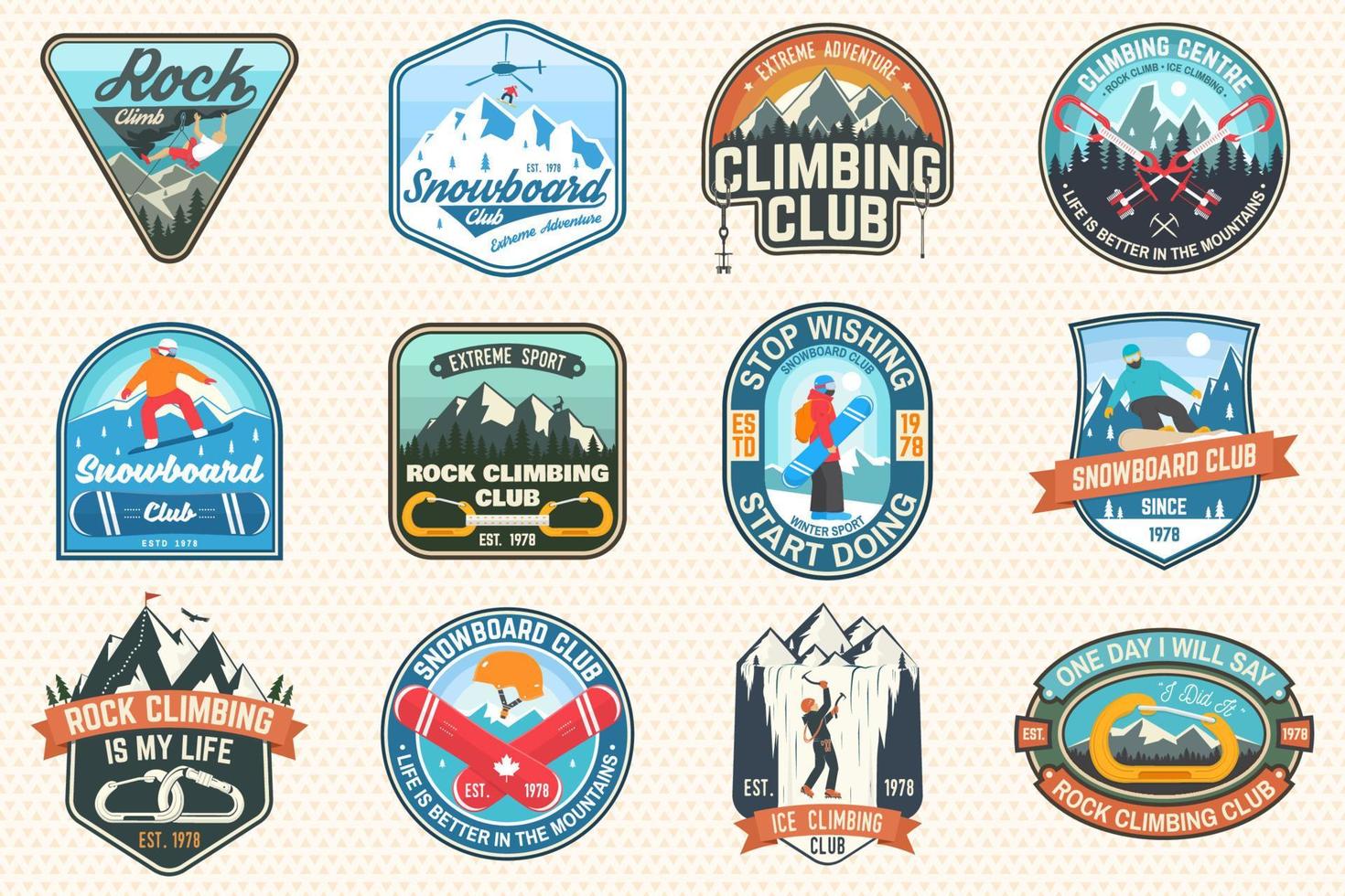 Set of Snowboarding and Rock Climbing club patches. Vector. Concept for patch, shirt, print, stamp. Vintage typography design with snowboarder, climber and mountain silhouette. Extreme sport. vector