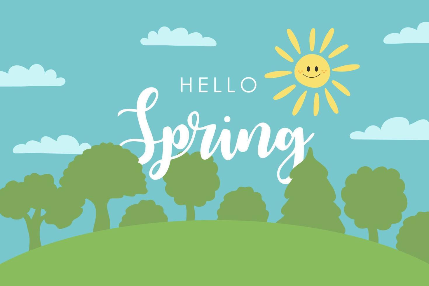 Spring landscape in cartoon style with trees, sun, clouds. Hello Spring card vector