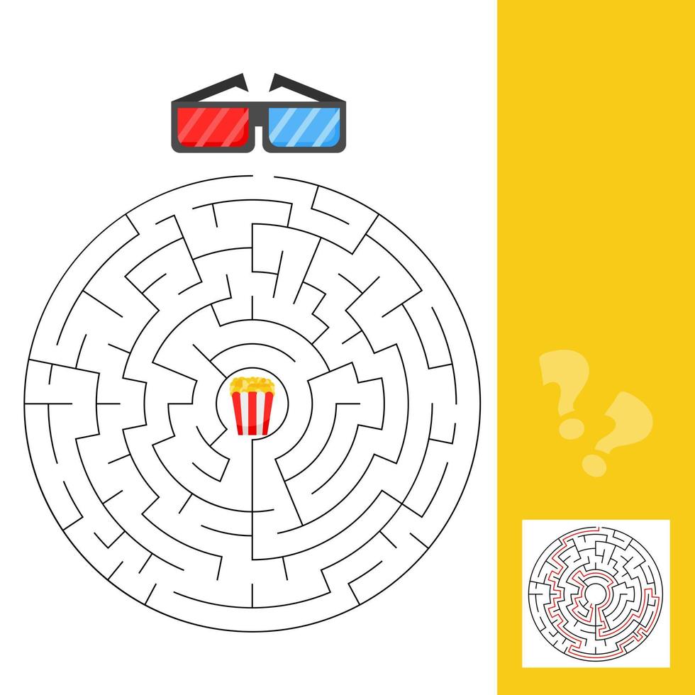3d glasses and popcorn maze game for kids. Connect elements by finding right way vector