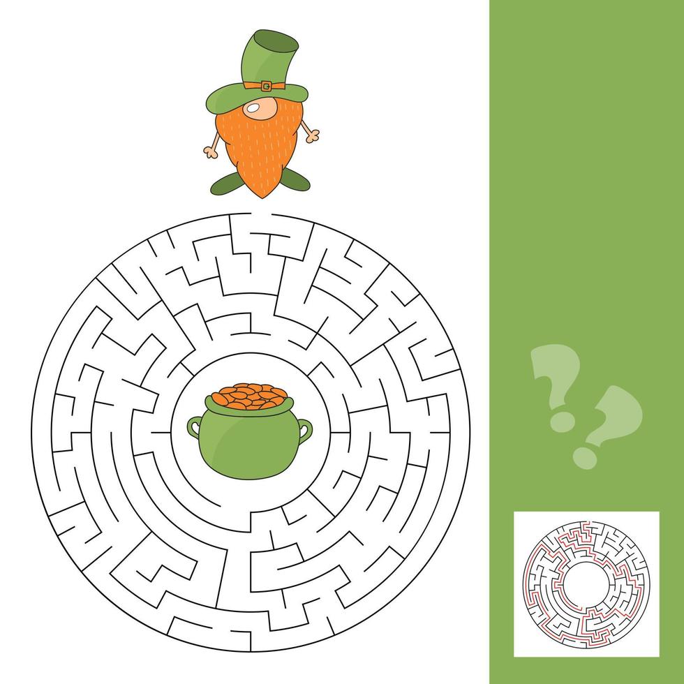 Maze game for kids. Help gnome leprechaun to find his way to the pot of gold. vector