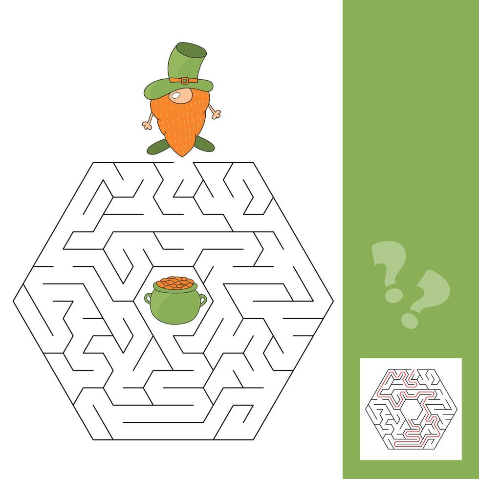 Maze game for kids. Help gnome leprechaun to find his way to the pot of gold. vector