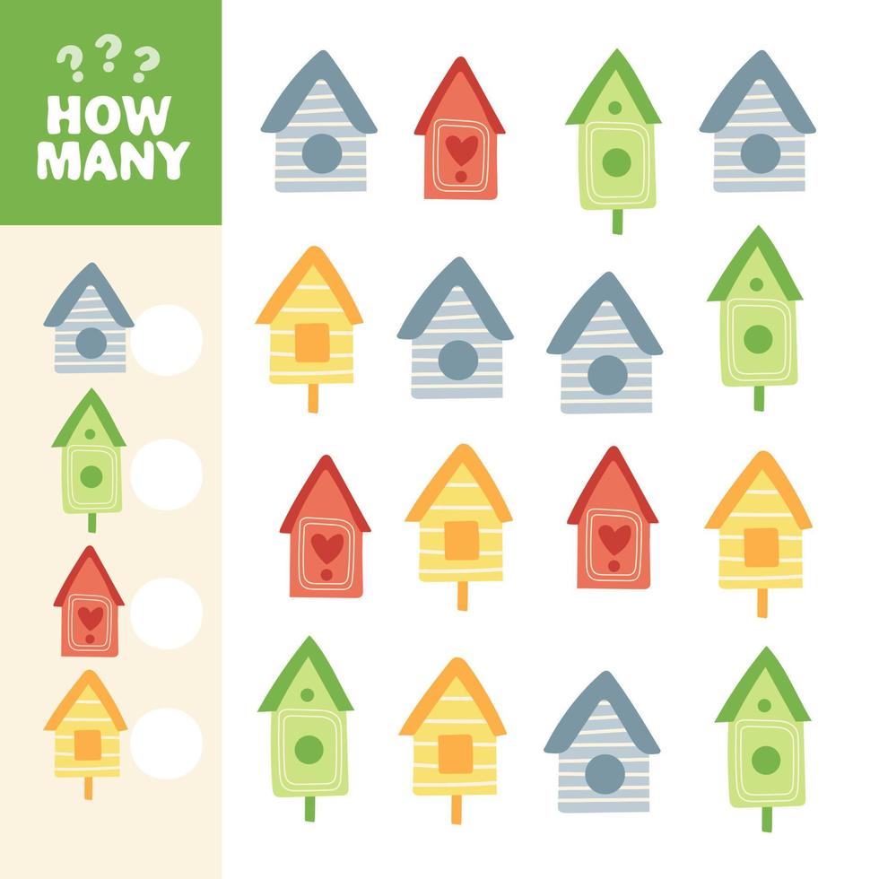 Counting game, how many Birdhouses. Educational children game vector