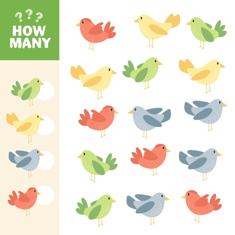 Math game for kids. How many colorful birds are there. Vector illustration.