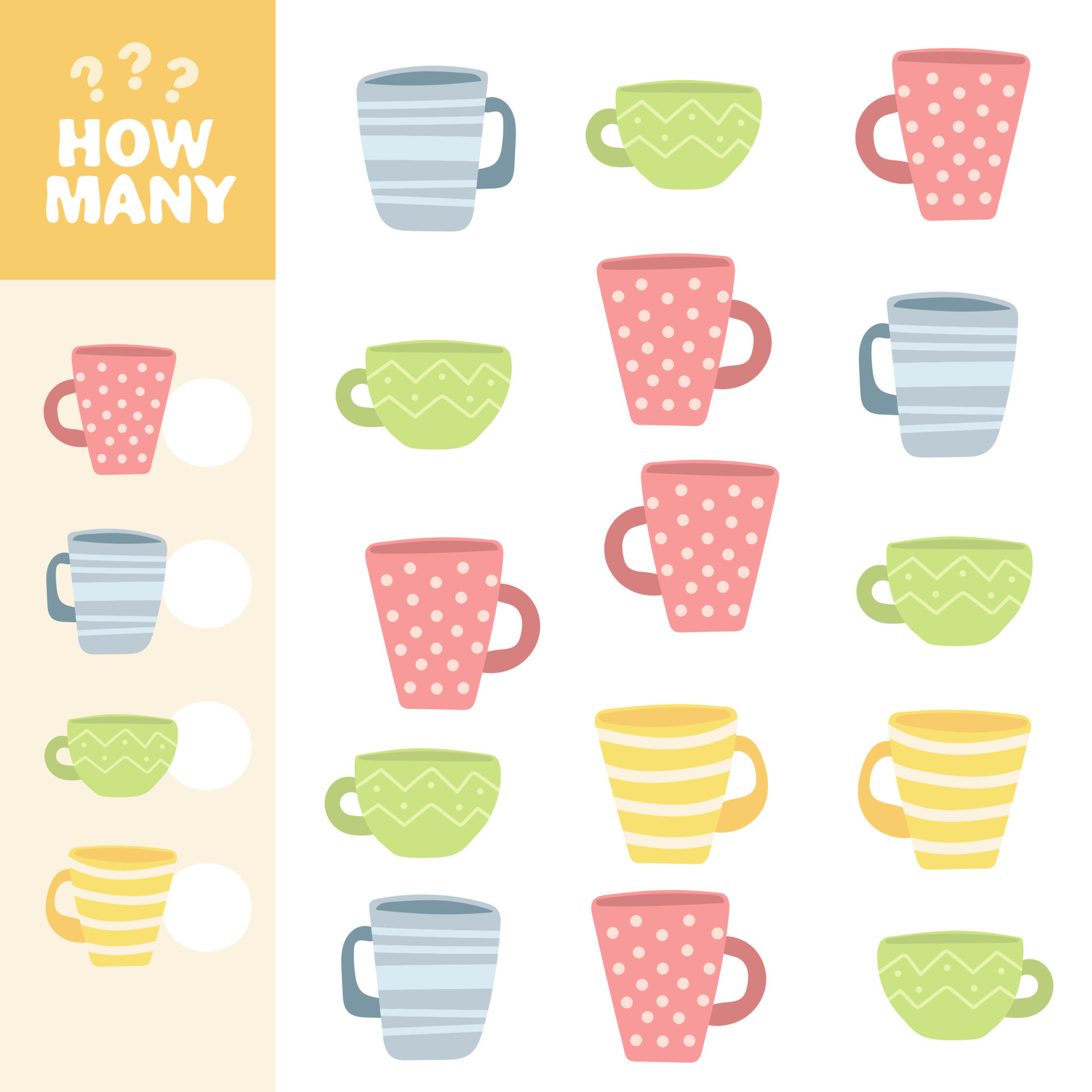 Counting game, how many Tea Cups. Educational children game, printable