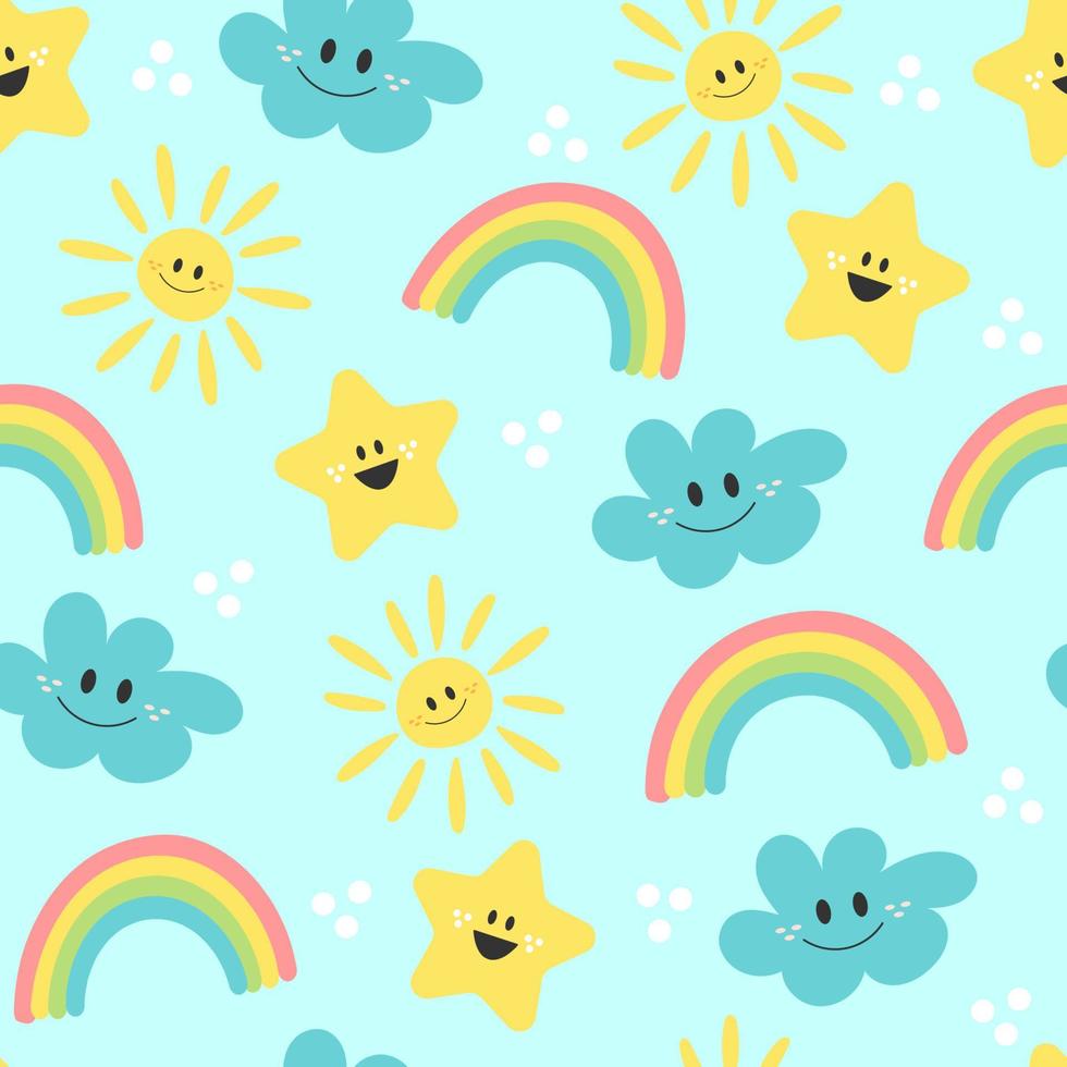 Cute cartoon sun, rainbow, cloud and star - seamless pattern background. vector