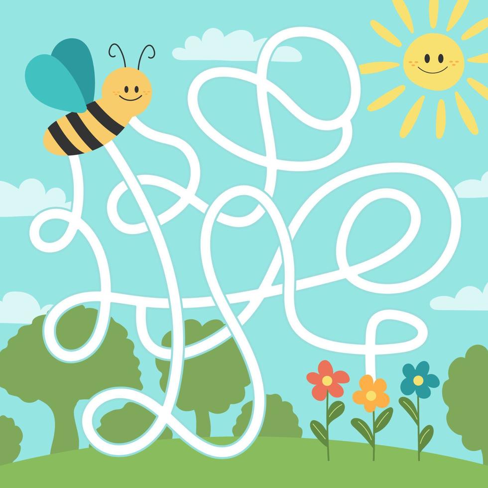 Maze puzzle for children. Help bee find flower. Kids activity sheet. vector