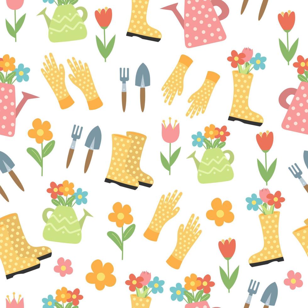 Seamless pattern with flowers, rubber boots, tools. Gardening. vector