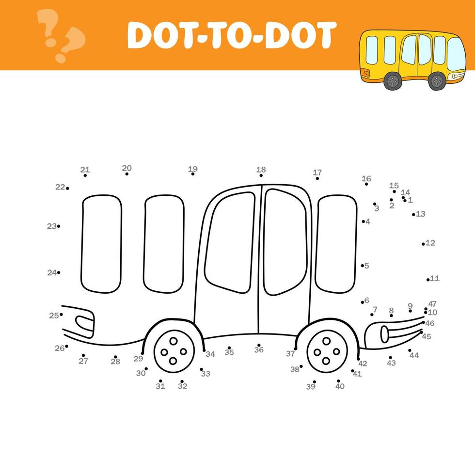 Cartoon yellow bus. Dot to dot educational game for kids. Vector illustration