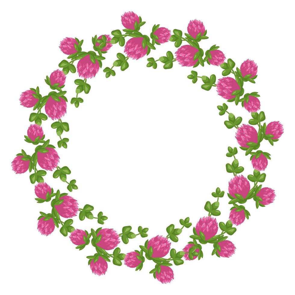 Wreath of pink clover flowers. Round frame, cute bright plant with shamrock leaves. Festive decorations for wedding, holiday, postcard, poster and design. Vector flat illustration