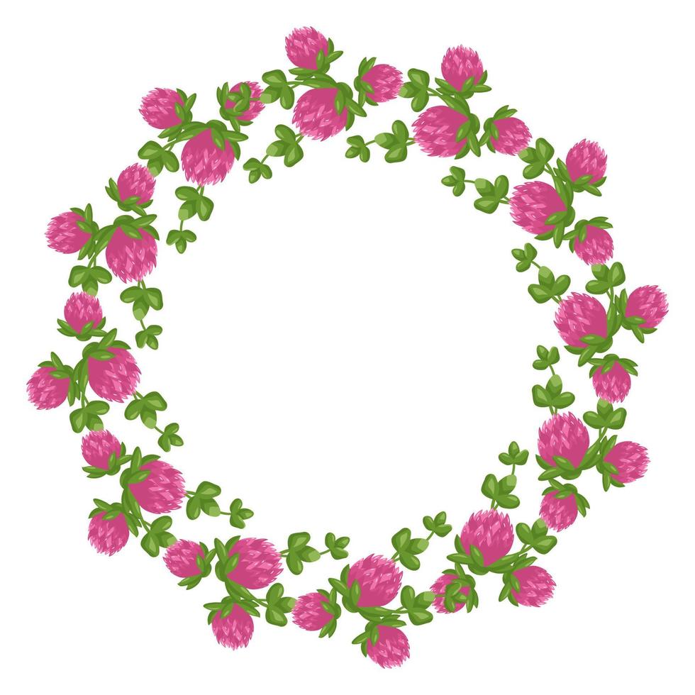 Wreath of pink clover flowers. Round frame, cute bright plant with shamrock leaves. Festive decorations for wedding, holiday, postcard, poster and design. Vector flat illustration