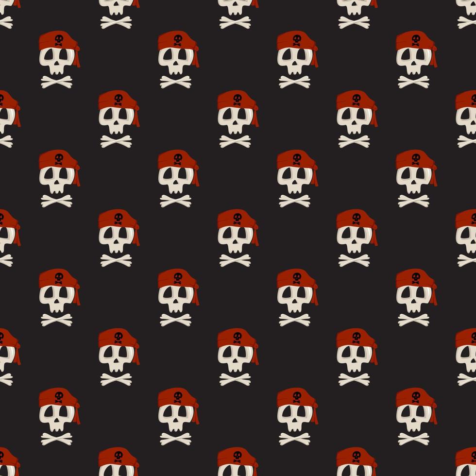 Seamless pattern with skeleton skull and crossbones in pirate bandana hat. Print of Item for Halloween on dark background. Design for textile and wrapping paper. Vector flat illustration