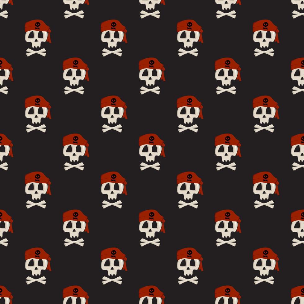 Seamless pattern with skeleton skull and crossbones in pirate bandana hat. Print of Item for Halloween on dark background. Design for textile and wrapping paper. Vector flat illustration