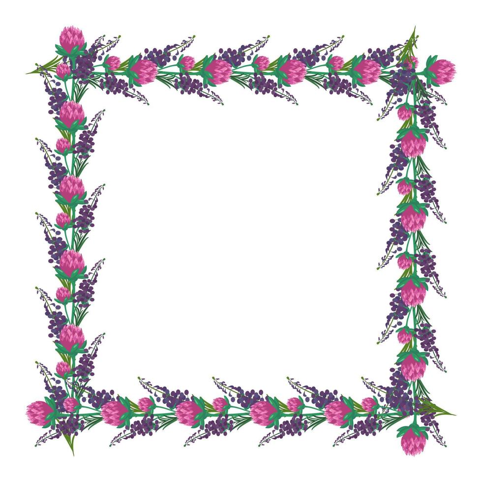 Square frame of pink clover flowers and purple wild plants. Wreath, cute bright plant with shamrock leaves. Festive decorations for wedding, holiday, card, poster and design. vector flat illustration