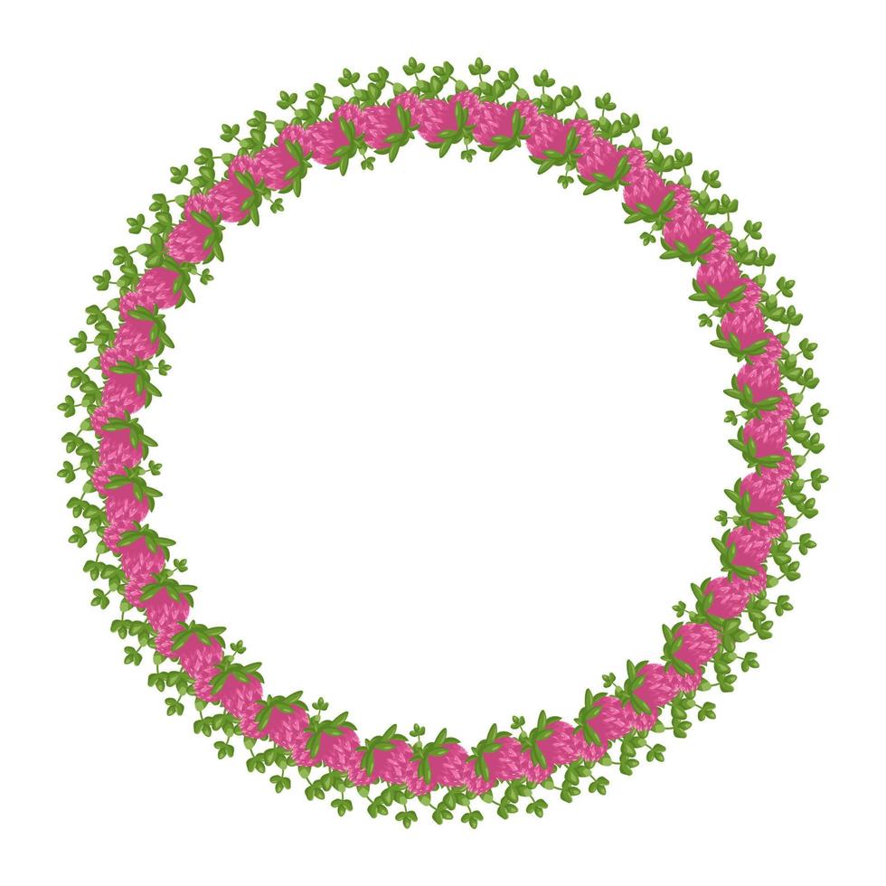 Wreath of pink clover flowers. Round frame, cute bright plant with shamrock leaves. Festive decorations for wedding, holiday, postcard, poster and design. Vector flat illustration