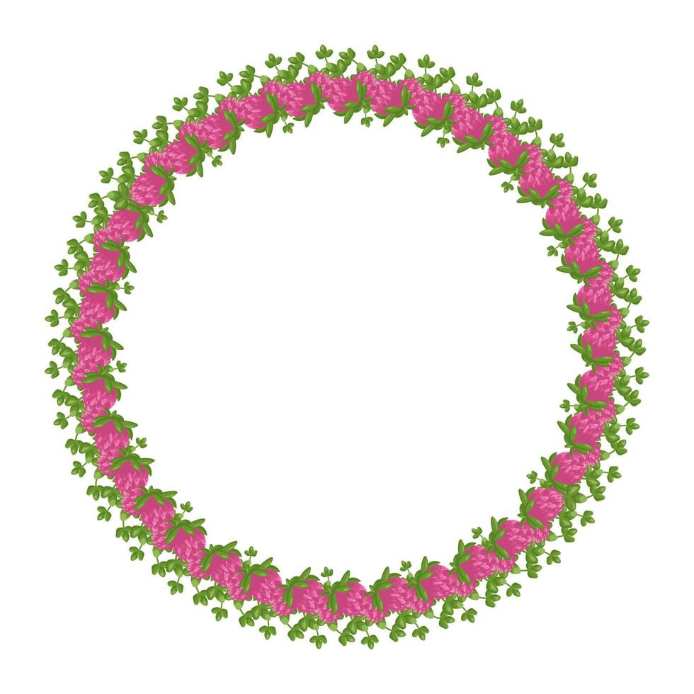 Wreath of pink clover flowers. Round frame, cute bright plant with shamrock leaves. Festive decorations for wedding, holiday, postcard, poster and design. Vector flat illustration